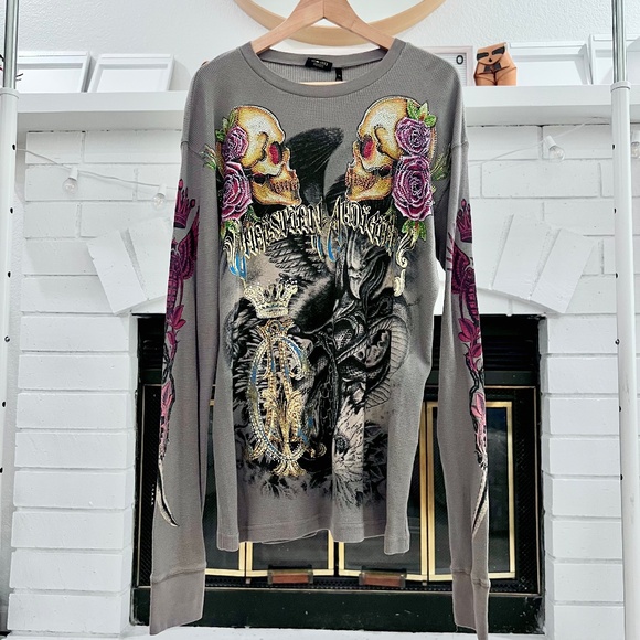 RARE! Ed Hardy Christian Audigier Rhinestones Snake & Eagle Battle LS Thermal Sh - Picture 1 of 11